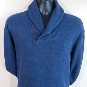 Polo Ralph Lauren Shawl Collar Navy Sweater Men's XL Elbow Patches Preppy Cotton